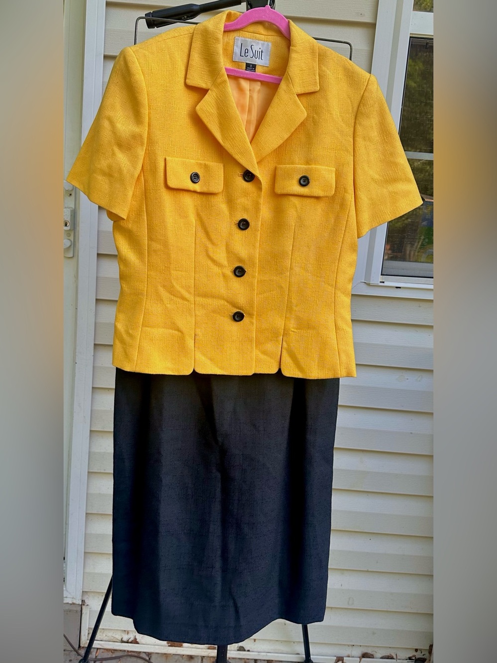 Le Suit Yellow Short-Sleeve Button Blazer with Black Skirt
